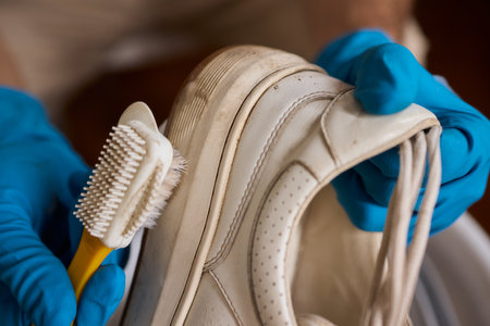 The process of cleaning shoes is currently underway, utilizing a foam and a brush diligentlyの写真素材