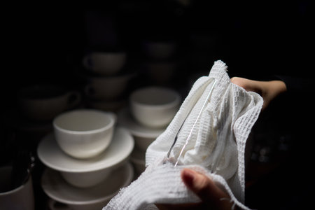 Barista Cleaning Towels Arranged Neatly in a Cozy and Inviting Cafe Setting Atmosphereの写真素材