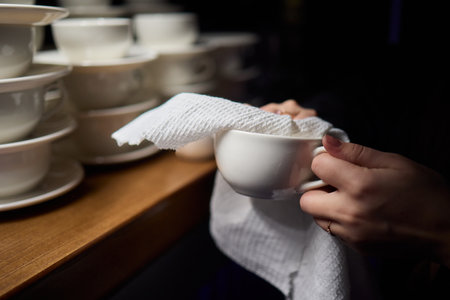 An Elegant Tea Time Setting Featuring a Beautiful Stack of Cups Ready for Enjoymentの写真素材