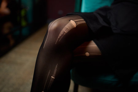 An Elegant Fashion Stock Image Featuring Stylish Fishnet Tights and a Model Posing in a Unique Wayの写真素材