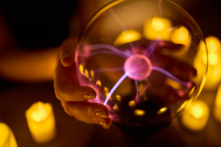 Experience a Mystical Scene with an Energy Ball and Candles, evoking Spiritual Vibesの写真素材