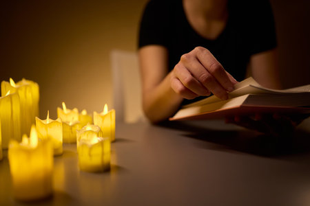 Indulging in Cozy Reading Under Candlelight for a Relaxing and Peaceful Evening Escapeの写真素材