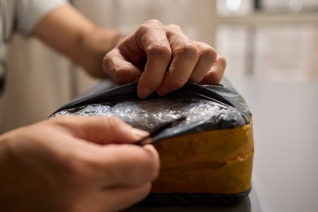 A Person Carefully Unpacking a Brown Parcel with Caution, Showing Attention to Detailの写真素材