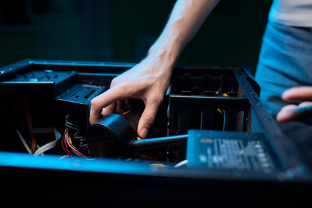 A computer case being cleaned with a vacuum in a bright room, emphasizing workspace tidinessの写真素材