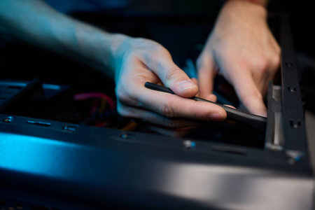 A computer case being cleaned with a vacuum in a bright room, emphasizing workspace tidinessの写真素材