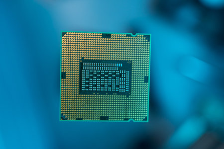 This image provides a closeup view of a cutting edge modern microprocessor chip designの写真素材