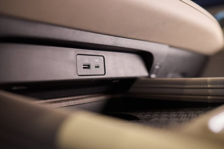 Interior USB and Power Port in a Modern Vehicle for Enhanced Convenience and Utilityの写真素材