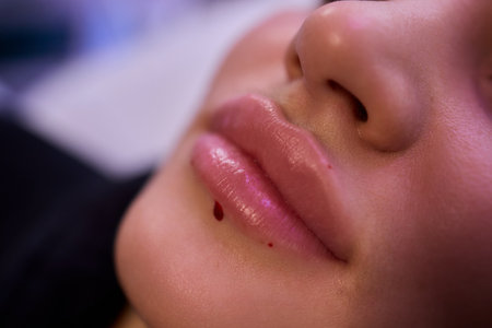 A Close Up View of Stunningly Beautiful Lips That Are Finished with a Glossy Shine and Lusterの写真素材