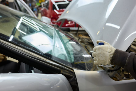 Automobile special workers remove old windscreen or windshield of a car in auto service station garage. Backgroundの写真素材