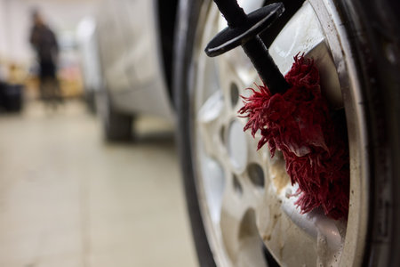 Cleaning car wheel thoroughly with brush and soap for maintenance and shiny resultの写真素材