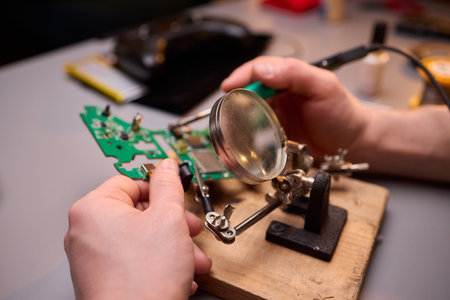 Hands Carefully Repairing a Circuit Board with a Soldering Tool for Electronics Projectsの写真素材