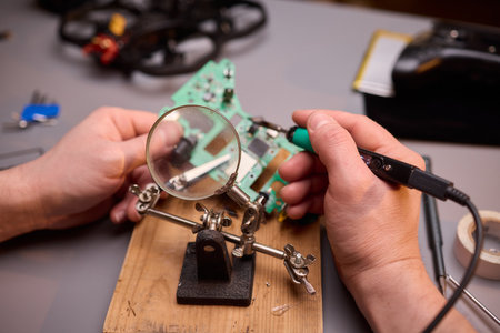 Hands Carefully Repairing a Circuit Board with a Soldering Tool for Electronics Projectsの写真素材