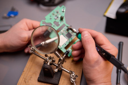 Hands Carefully Repairing a Circuit Board with a Soldering Tool for Electronics Projectsの写真素材