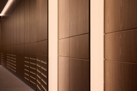 Modern wooden wall design blends natural materials and contemporary lighting for warmthの写真素材