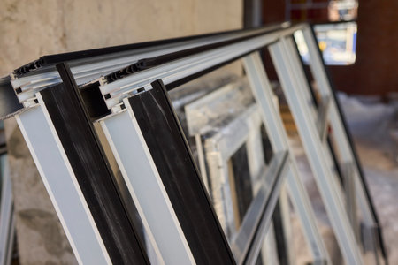 Stacked window frames are now fully prepared and ready for the upcoming installation processの写真素材