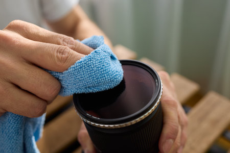 Successfully Cleaning Your Camera Lens with a High-quality Microfiber Cloth to Ensure Clarityの写真素材