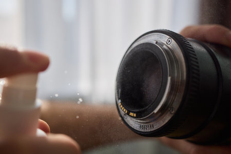 Successfully Cleaning Your Camera Lens with a High-quality Microfiber Cloth to Ensure Clarityの写真素材