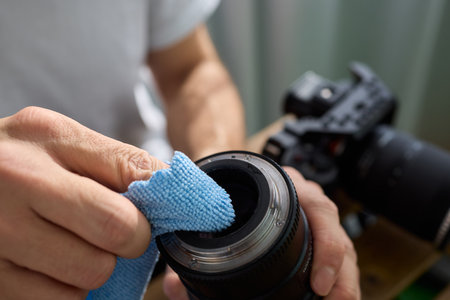 Successfully Cleaning Your Camera Lens with a High-quality Microfiber Cloth to Ensure Clarityの写真素材