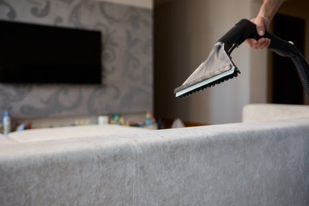 The Professional Upholstery Cleaning Process Ensures a Fresh Look in Your Modern Living Roomの写真素材
