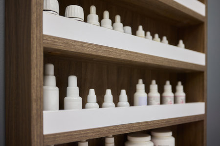 An Elegant and Stylish Shelf that Beautifully Displays a Variety of Bottles and Unique Containersの写真素材