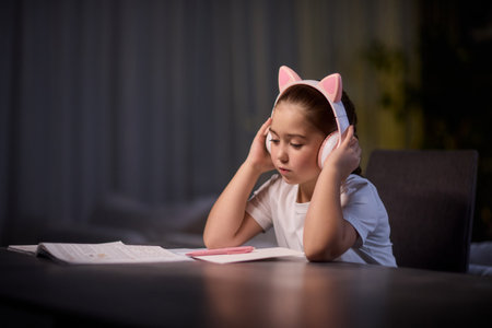 An adorable and cute child is wearing cat ear headphones while happily listening to musicの写真素材