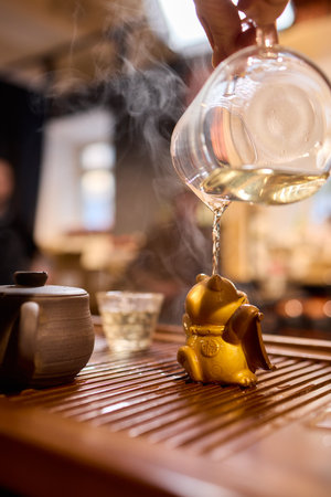 The Tea Ceremony Process is beautifully highlighted with exquisite pots and elegant glasswareの写真素材