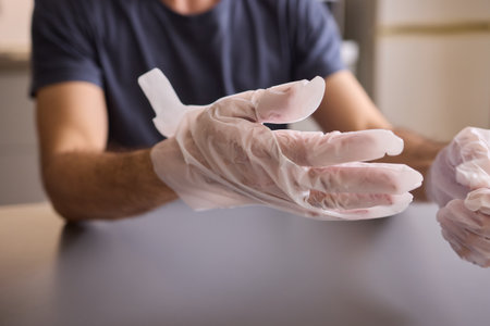 A gloved hand prepares to perform a care procedure safely and professionally in healthcare