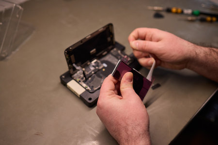 A disassembled smartphone showcasing its internal components along with the battery itself