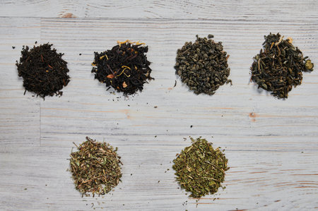 top view of dried herbal organic tea in line.