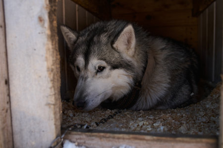 A Calm Dog Relaxing Comfortably in a Cozy Wooden Kennel Surrounded by Natures Beautyの写真素材
