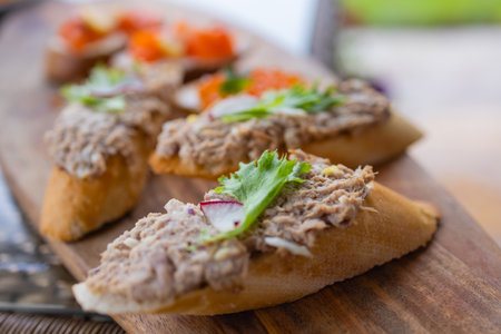 Delicious Gourmet Canaps with Savory Toppingsの写真素材