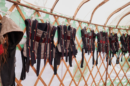 Vibrant and Colorful Costumes Artistically Hanging Indoors in a Creative Environmentの写真素材