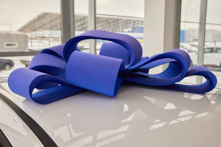 The car is wrapped in a red bow. Beautiful gift concept.の写真素材