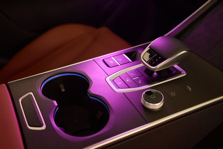 Selector automatic transmission with leather in the interior of a modern expensive car. The...