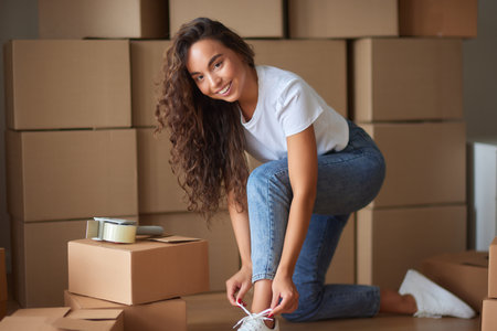 Young beautiful hispanic woman smiling confident packing cardboard box at new home.の写真素材
