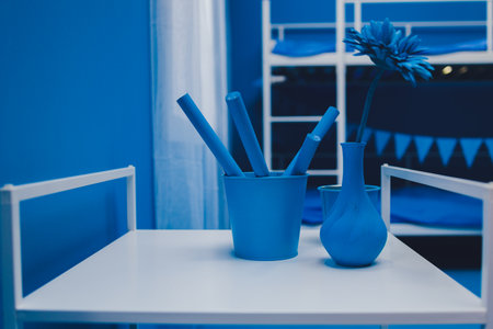 Vibrant Blue A Creative Workstation Setting That Inspires Productivity and Aestheticsの写真素材