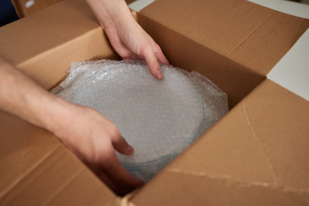a man collects plates in boxes for moving.の写真素材