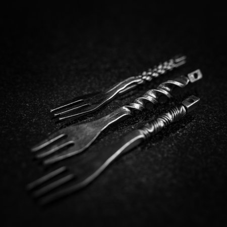 This is an artistic portrayal of elegant black forks arranged on a dark surfaceの写真素材