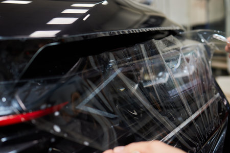 Protection of hood and front of the car with a colorless protective film.の写真素材