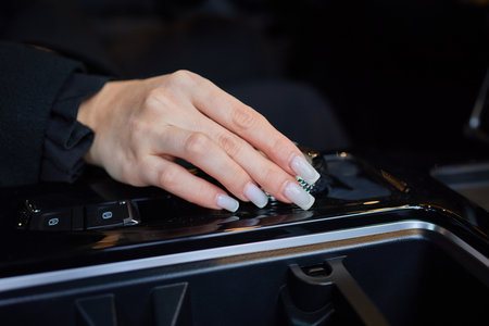 Selector automatic transmission with leather in the interior of a modern expensive car. The...