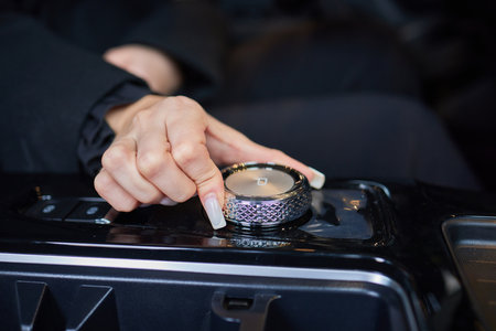 Selector automatic transmission with leather in the interior of a modern expensive car. The...