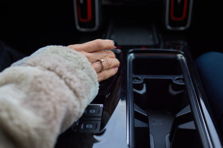 Selector automatic transmission with leather in the interior of a modern expensive car. The...