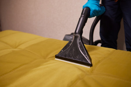 Close-up of housekeeper holding modern washing vacuum cleaner and cleaning dirty sofa with professionally detergentの写真素材