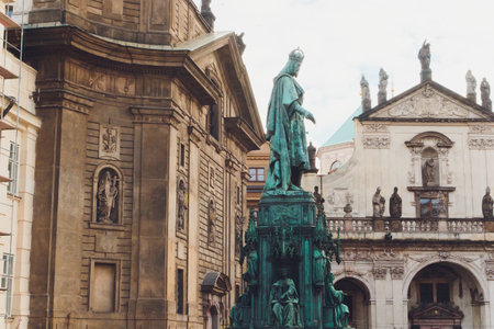Statue of Emperor Charles IV, the Holy Roman Emperor and King of Bohemia. in the east of the St. Charles Bridge, Prague, Central Bohemia, Czech Republic.の写真素材