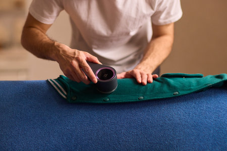 Effectively Removing Lint from a Beautiful Sweater Using a Handy and Useful Lint Roller Toolの写真素材