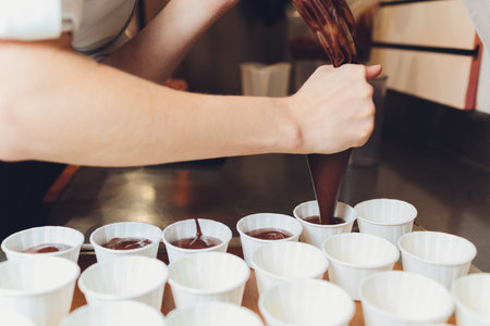 Pouring cake mix into pan. Making muffin and preparing cupcakes.の写真素材