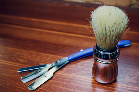 Discover Classic Barber Tools Straight Razors and Shaving Brush for modern grooming ritualsの写真素材