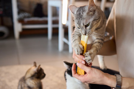 An adorable cat happily enjoying a tasty treat in the company of its favorite human friendの写真素材