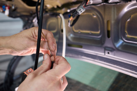 Automotive Repair Skilled Hands Working on Car Wiring for Efficient Performance and Safety