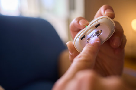 Close-up of an electric nail clipper in hand, modern personal care technology, highlighting compact...